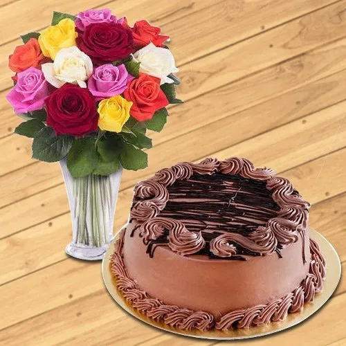 Awesome Choco Cake N Rosy Vase