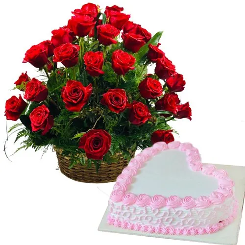 Marvelous Roses Basket Arrangement and  Love Cake