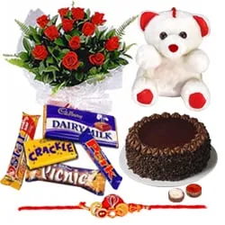 Lucky Rakhi Soft Teddy Roses Cakes and Cadburys with Impressions of Love