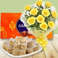 12 Yellow Roses with Cadbury Celebration and Kaju Katli