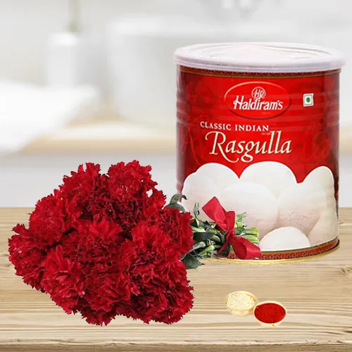 12 Red Carnations Bouquet with Rasgulla