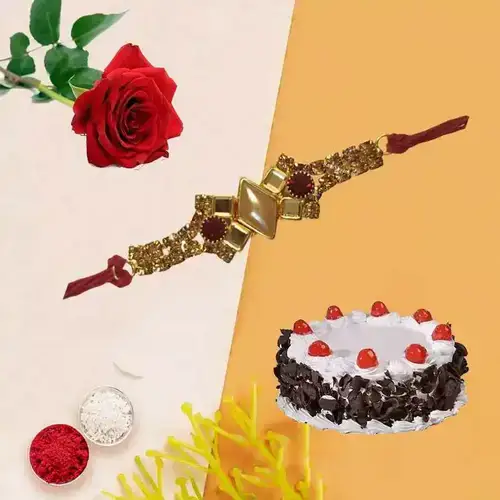 Time to rejoice with black forest cake Rose,and Free Rakhi   Roli Tilak and Chawal