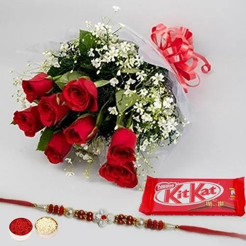Fabulous Combo of Rakhi with Red Roses n Nestle Chocolates