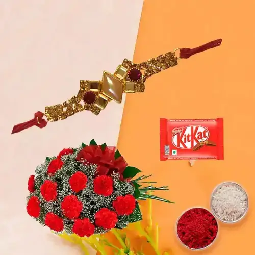 Feel Better Gift of Cherished Bunch of 12 Red Carnations and Appetizing Kitkat Chocolate