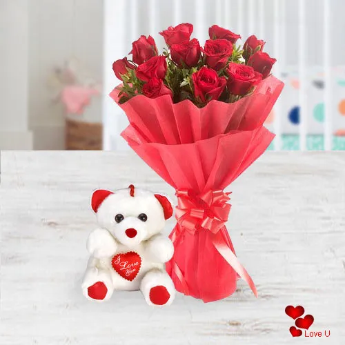 Exclusive Dutch Red Roses  Bunch with a small teddy bear