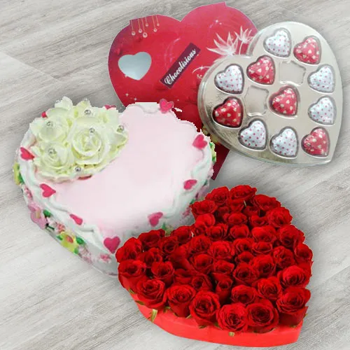 Heart Shaped Red Roses with Heart Shaped Chocolate Box N Heart Shaped Cake