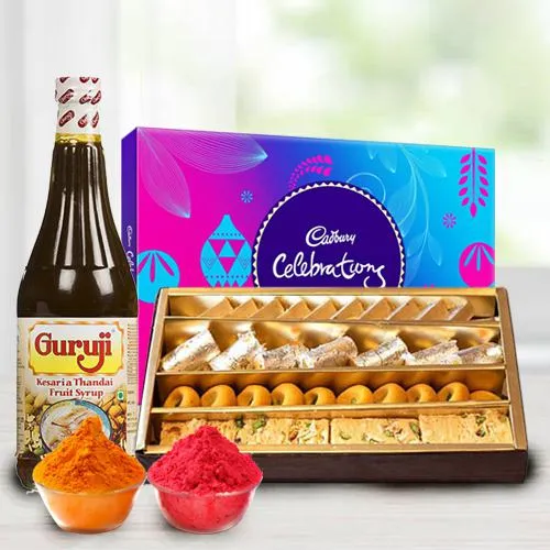 Assorted sweets with Thandai and Cadburys Celebration