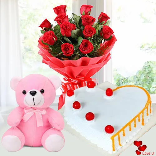 Dozen Red Roses with Teddy Bear n Cake