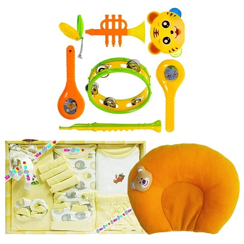 Attractive Rattle N Dress Set with Neck Supporting Pillow Gift Combo