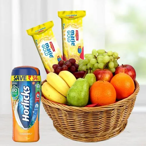 Amazing Fruits Basket with Horlicks and Biscuits