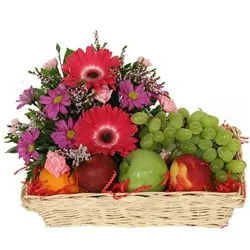 Basket of Fresh Fruits with Flowers