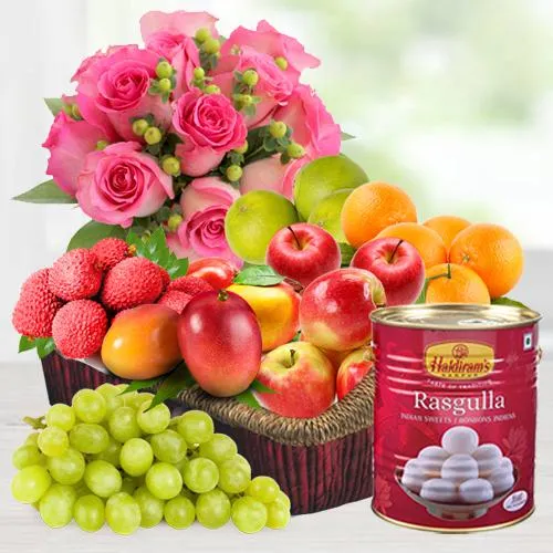 Pink Roses with Haldirams Rasgulla N Fruits Basket
