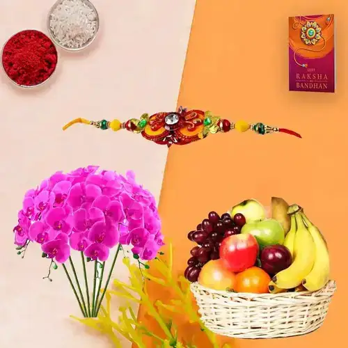 Tropical Fresh Fruits Basket decorated with Orchids with 1 Regular Rakhi and Roli Tilak Chawal