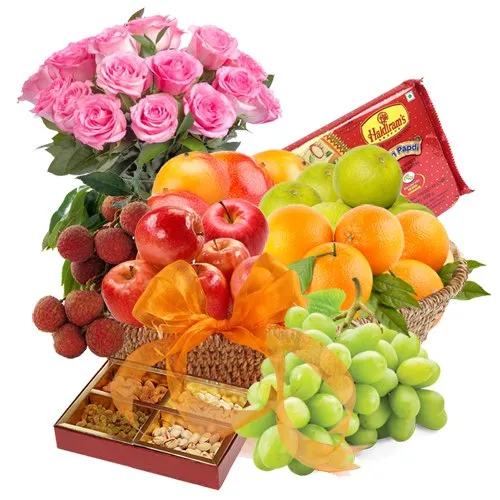Fresh Fruits Basket with Sweets N Pink Roses