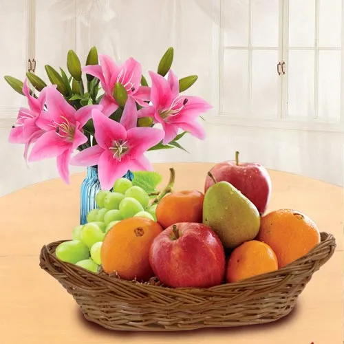 Marvellous Fresh Fruits Basket with Pink Lilies