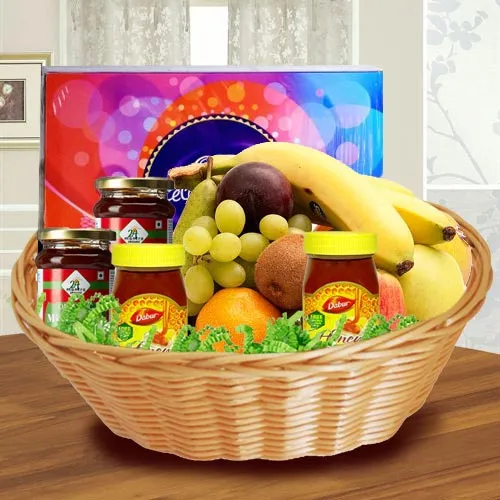 Delectable Assorted Fruits Basket with Chocolate