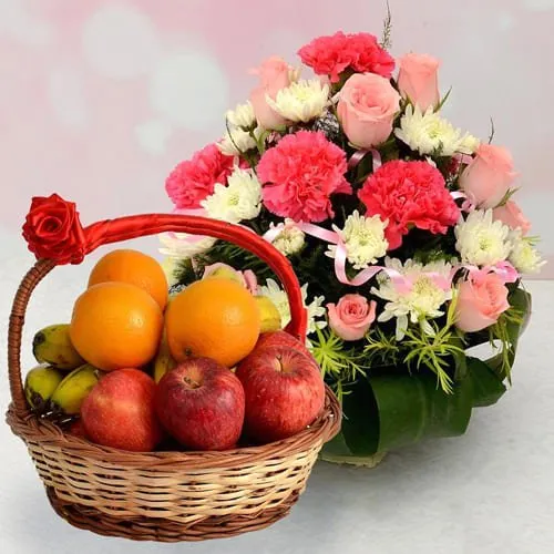 Garden Fresh Seasonal Fruits with Mixed Flowers Basket