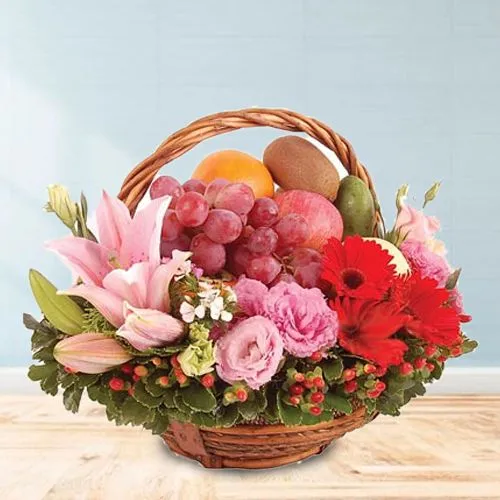 Fruity N Flowery Basket Arrangement