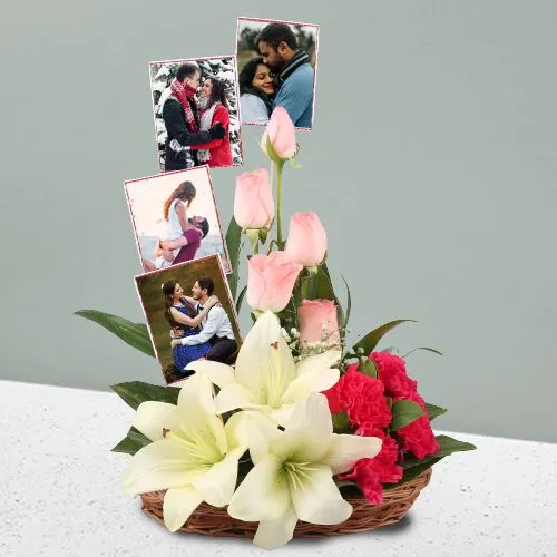 Impressive Love Basket of Roses Carnation n Lilies with Personalized Pics