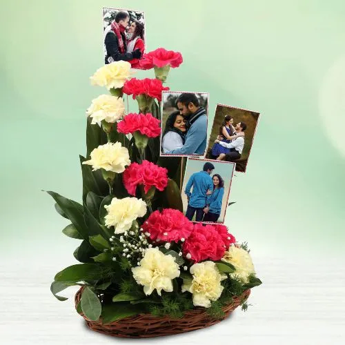 Lovely Red n Yellow Carnations and Personalized Pics in Basket