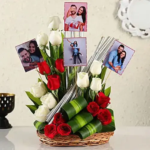 Lovely Basket of Red n White Roses with Personalized Photos