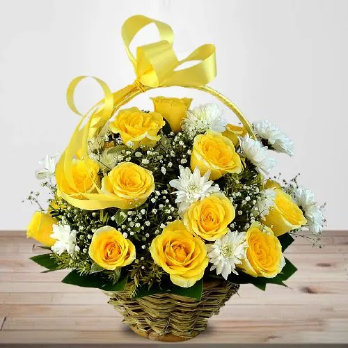 Sunny-Side-Up Yellow Roses n White Daisies Basket
