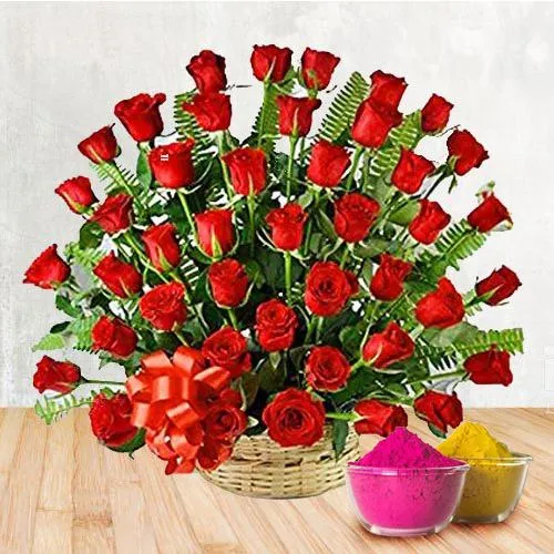 50 Red Roses Arranged in a Basket with Greens and Fillers to show you are there on this auspicious Occasion with free Gulal/Abir Pouch.