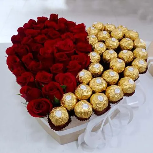 Captivating Heart Shape Box of Red Roses n Ferrero Rocher