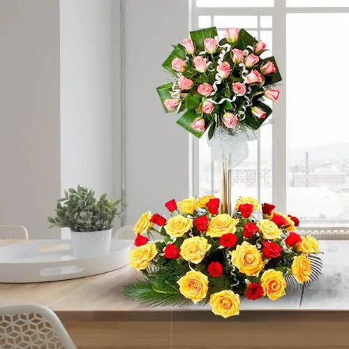 Bright Mixed Roses in 2 Tier Arrangement