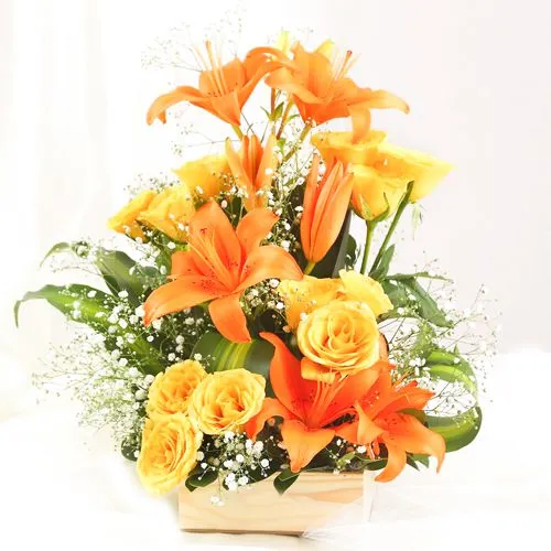 Gorgeous Arrangement of Orange Lily with Yellow Roses