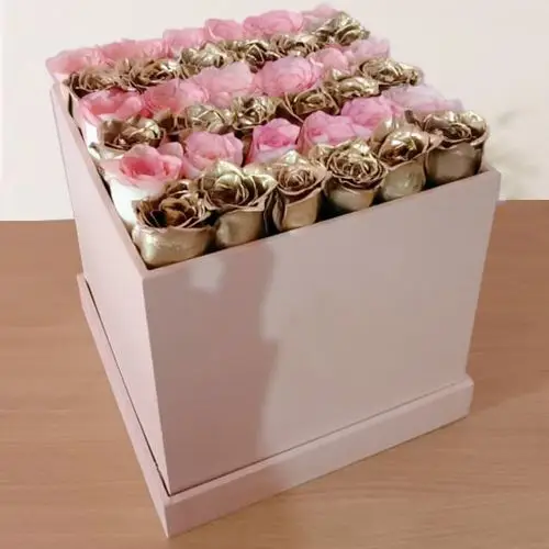 Whimsical Pink N Golden Roses Box Arrangement