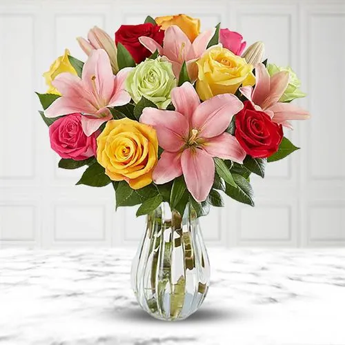 Colourful Roses N Lilies Vase Arrangement