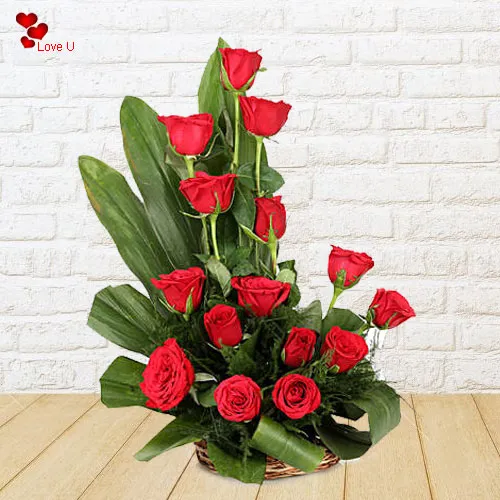 15 Exclusive Dutch Red Roses in Cane Basket