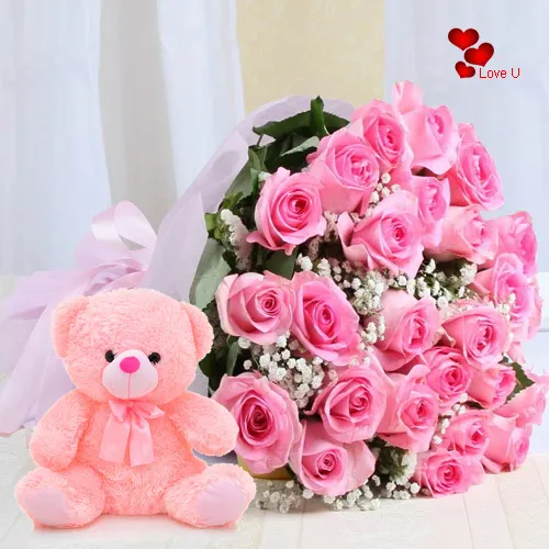 12 Pink Roses Bunch with 6 inch Teddy