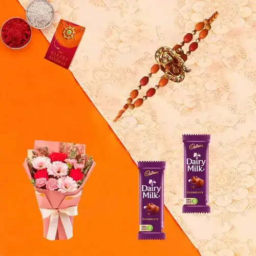 Mixed Flowers Bouquet with Rakhi and Cadburys Dairy Milk Chocolates