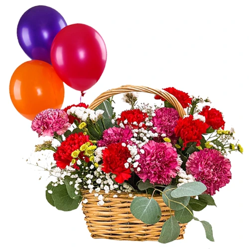 Basket of Mixed Carnations with Balloons