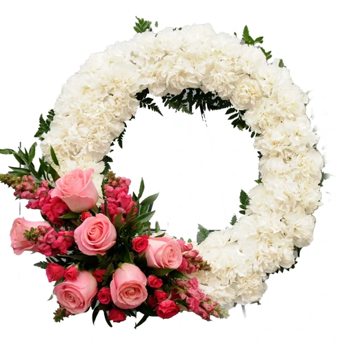 Special Wreath of Pink Roses and White Carnations