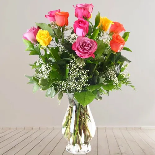 Multicolored Roses in a Glass Vase