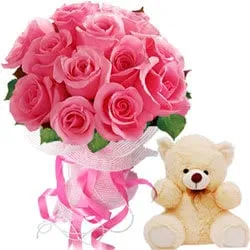 Combo of Pink Roses Bunch N Teddy