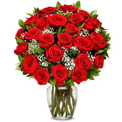 Display of Long Stem Red Roses in a Vase