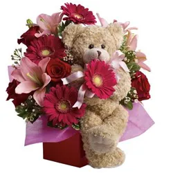 Lovely Mixed Flowers Arrangement N Teddy