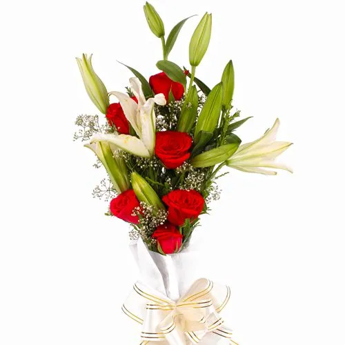 Dark Red Roses N Lilies Bouquet