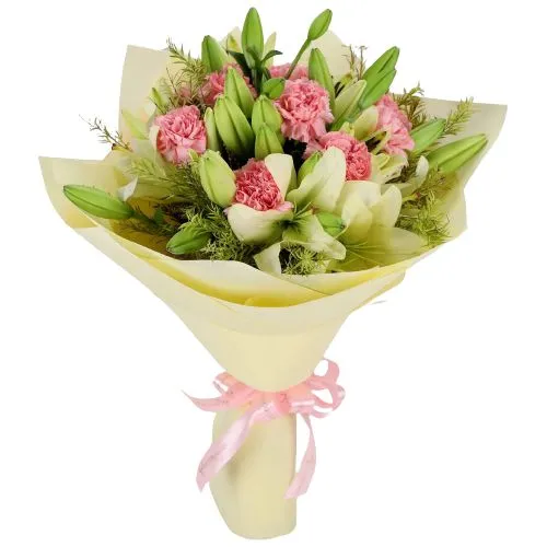 Stunning Bouquet of White Lilies N Pink Carnations