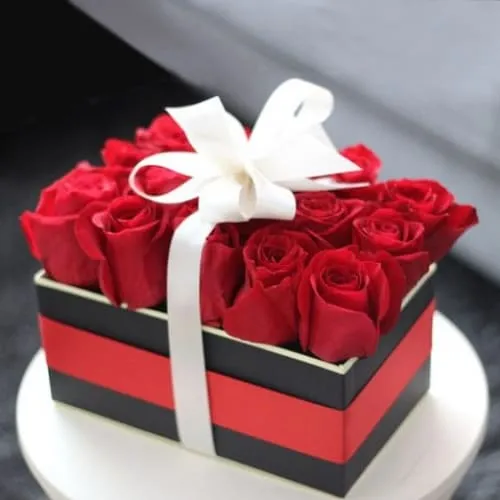 Wonderful Red Roses Box Tied with White Ribbon
