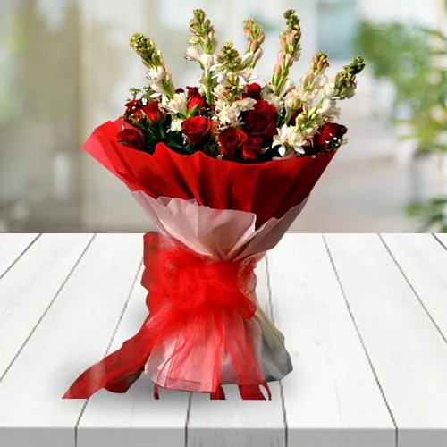 Pristine Red Roses n White Rajnigandha Bouquet for Congratulations