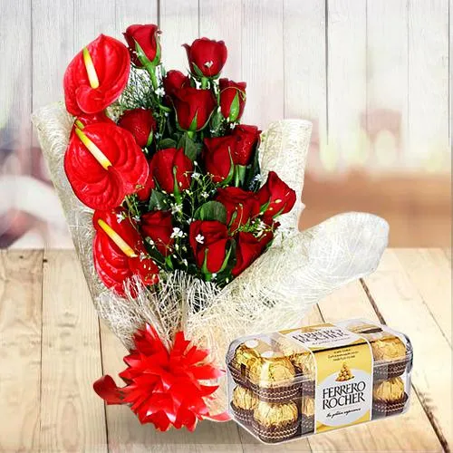 Attractive Gift of Red Flowers Bunch with Ferrero Rocher