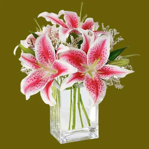 Attractive display of Pink Lilies in Glass Vase