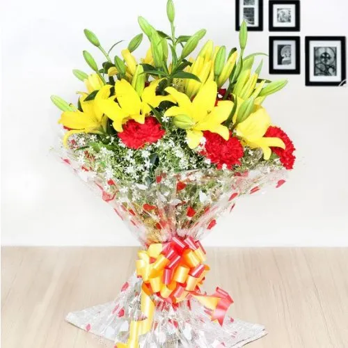 Yellow Lilies N Red Carnations Bouquet