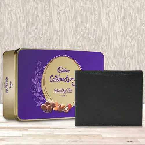 Marvelous Black Leather Wallet with a Cadbury Rich Dry Fruits Chocolate
