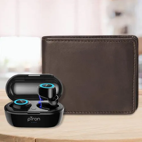 Smart Mens Leather Wallet with PTron Bluetooth Earbuds